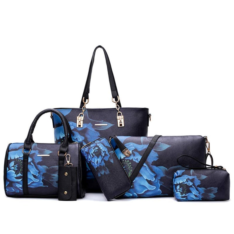 2E-youth Women Designer Purses And Handbags Set Satchel Shoulder Bags Tote Bags 6pcs Wallets (black&blue) - Image 1